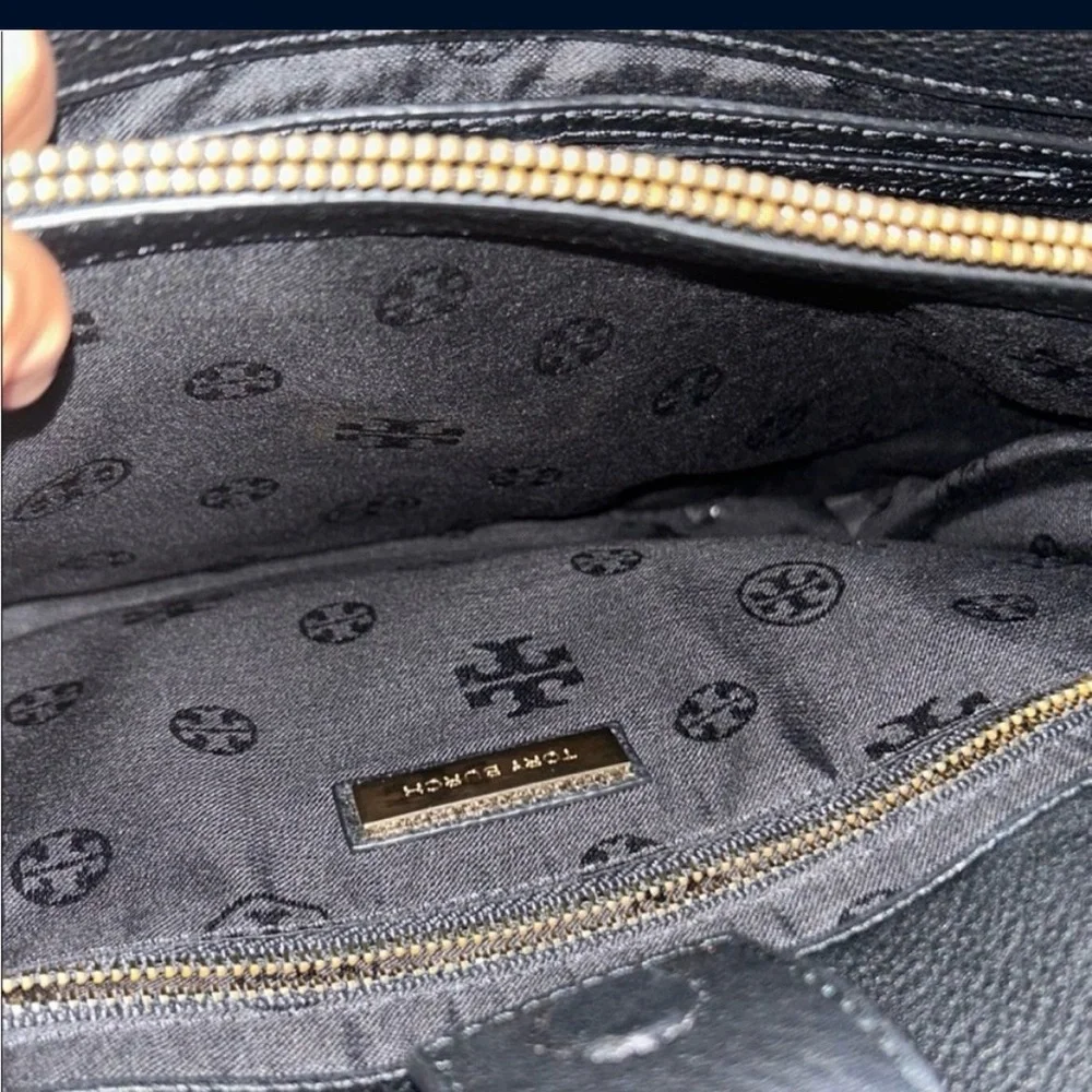 Tory Burch Black Leather Satchel with Gold Emblem